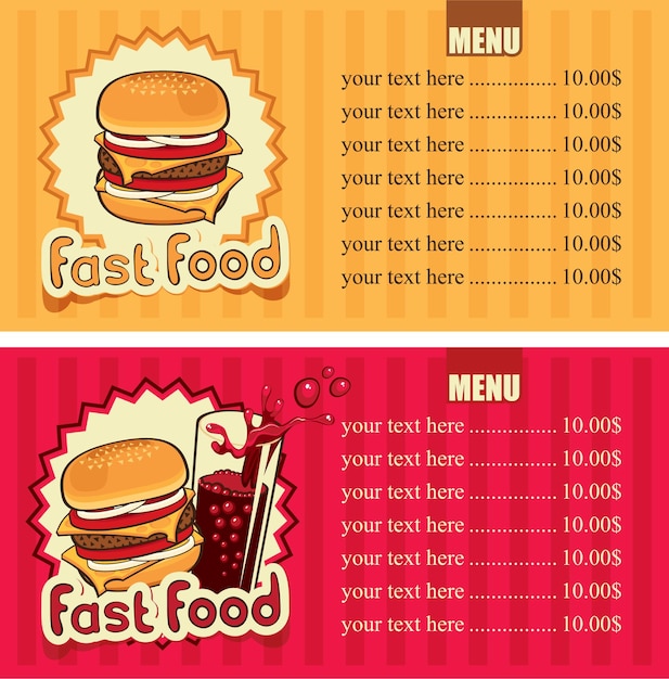 Menú de comida rápida con lista de precios y hamburguesa