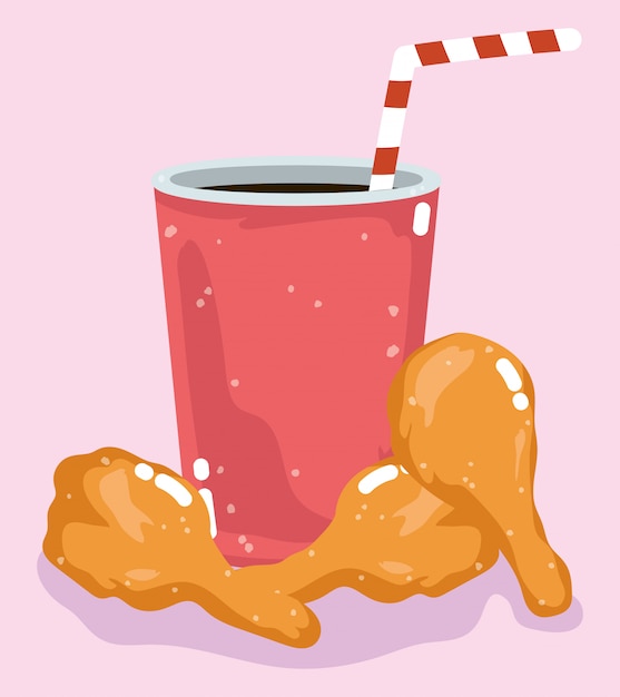 Vector menú de comida rápida restaurante piernas de pollo asado poco saludables y soda ilustración