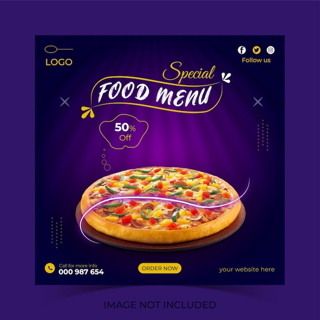 menú de comida de restaurante banner de redes sociales y plantilla de publicación de Instagram
