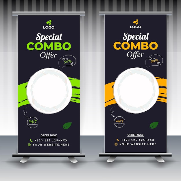Menú de comida y restaurante Diseño moderno de pancartas de comida enrollada