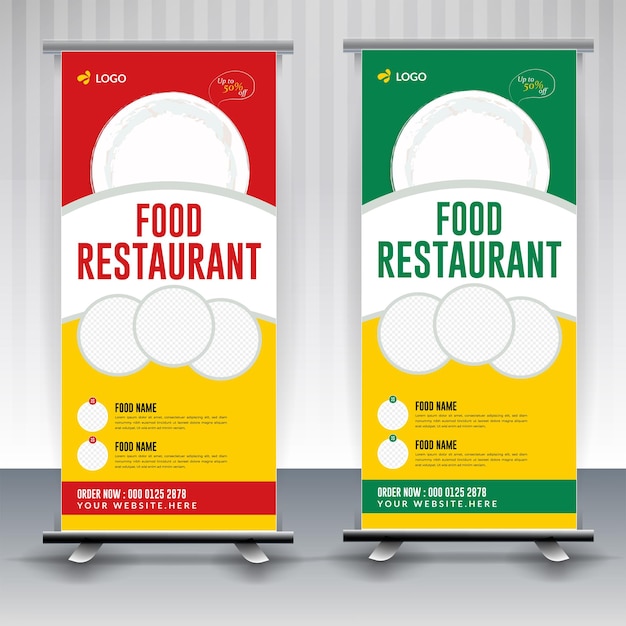 Menú de comida y restaurante Diseño moderno de pancartas de comida enrollada