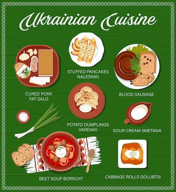 Menú de comidas de cocina ucraniana con comida tradicional.