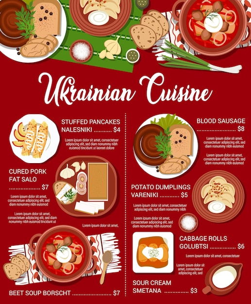 Menú de comidas de cocina ucraniana de platos tradicionales