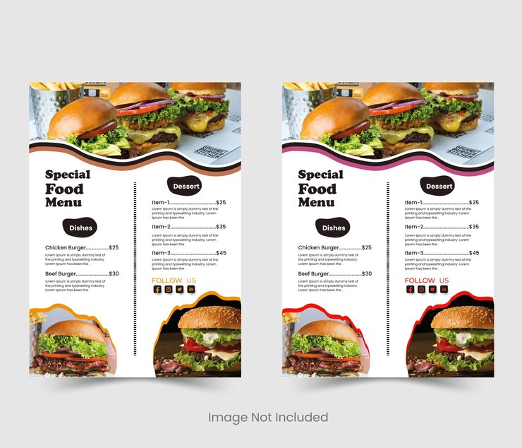 un menú para comidas especiales especiales con una imagen de una hamburguesa en la parte superior