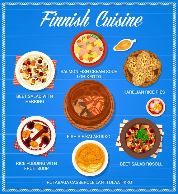 Menú de comidas y platos de restaurante de cocina finlandesa