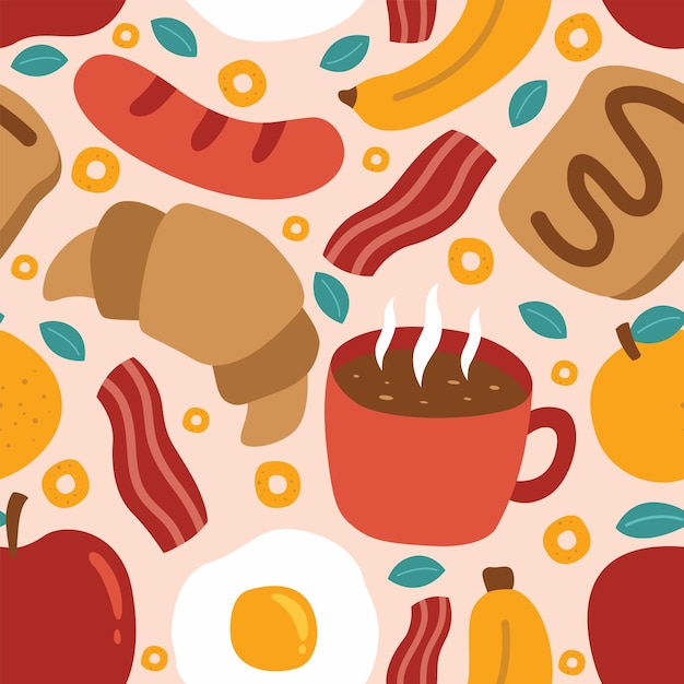 Menú de desayuno dibujado a mano con dibujos sin costuras de fondo