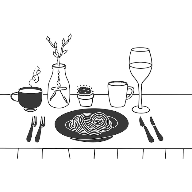 Menú de desayuno listo para comer sencillo Ilustración de esquema arte de línea minimalista