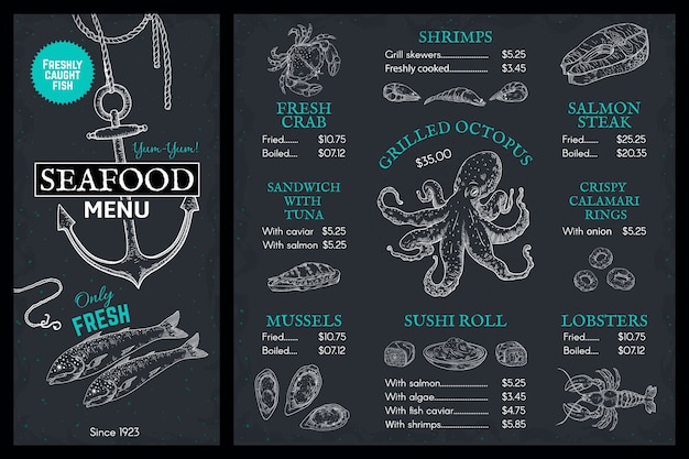 Menú de dibujo de mariscos. folleto de restaurante de pescado doodle, portada vintage con salmón cangrejo langosta