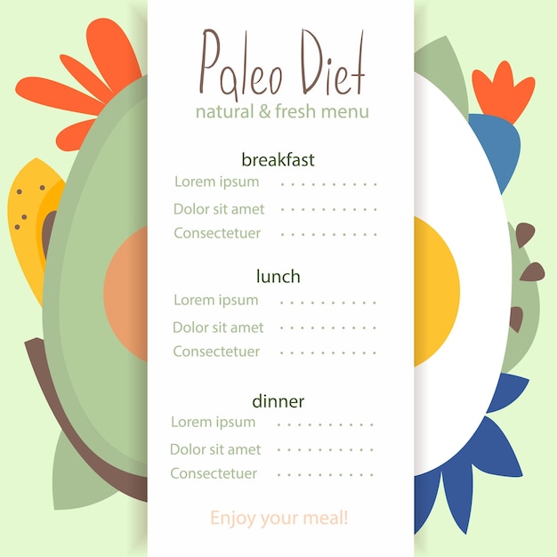 Vector menú de dieta paleo concepto de dieta y alimentos saludables plantillas de tarjetas con alimentos de dieta paleo de colores dibujados a mano