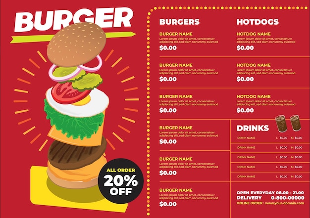 Menú diseño hamburguesa formato a3 con promo