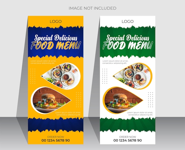 Menú especial de comida deliciosa y plantilla de diseño de banner enrollable de restaurante