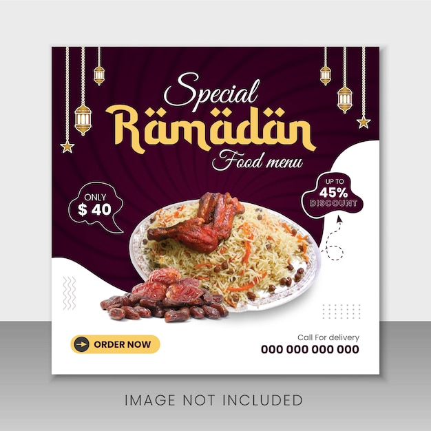 Vector menú especial de comida deliciosa ramadán o plantilla de diseño de publicación en redes sociales