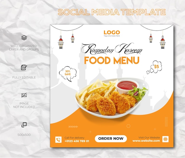 Menú especial de comida de Ramadán Redes sociales Publicación de Facebook e Instagram o diseño de banner cuadrado