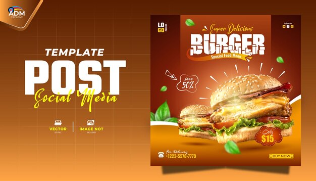 Menú especial de hamburguesas para la promoción de las redes sociales plantilla de banner