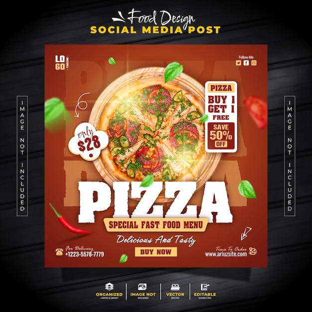 Vector menú especial de pizza y comida póstula en las redes sociales y plantilla de banner para la promoción