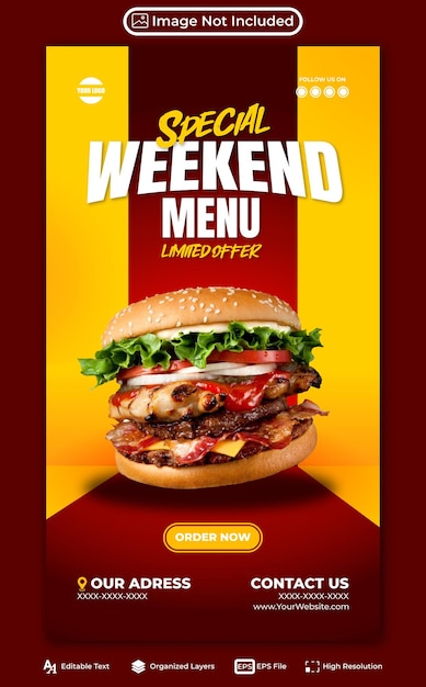 Menú de fin de semana editable ofrece comida de hamburguesa plantilla de redes sociales