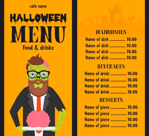 Menú de halloween comida y bebida diseño plano con zombie
