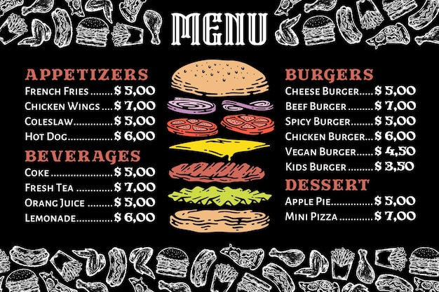 Menú de hamburguesas en la pizarra con ilustración de elementos de comida rápida