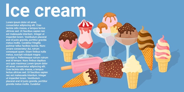 Menú de helados sobre un fondo azul Postre dulce de verano Ilustración vectorial