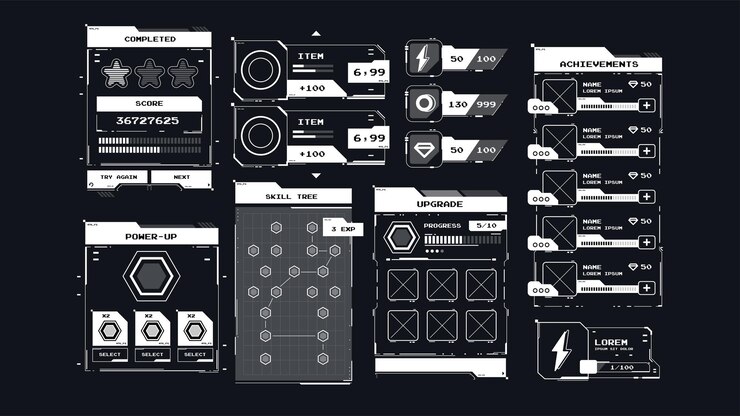 Vector menú de interfaz gráfica de usuario gui para crear juegos 2d concepto de interfaz de usuario de hud para aplicaciones móviles