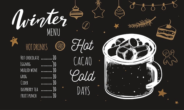 Menú de invierno de bebidas calientes, la plantilla incluye diferentes ilustraciones