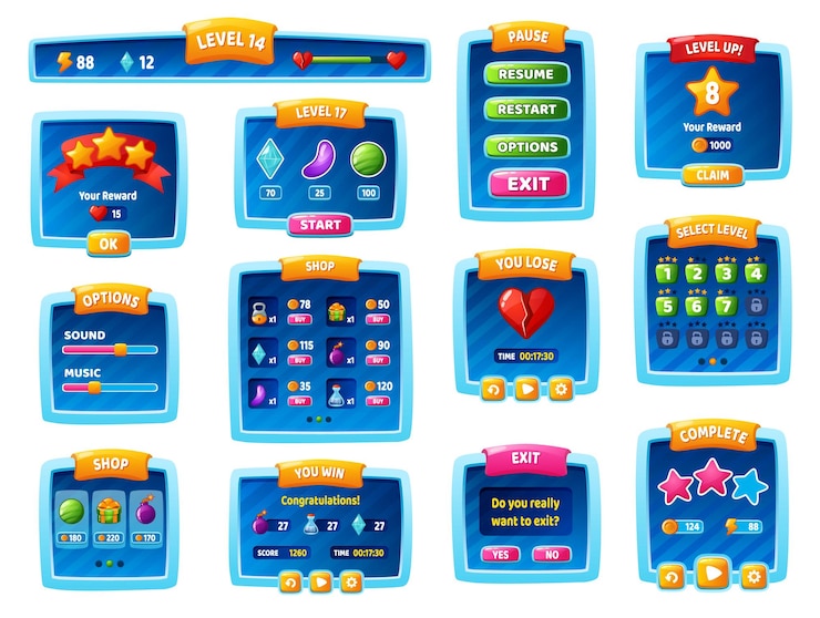 Vector menú de juego casual y ventanas emergentes, elementos de la interfaz de usuario de la aplicación de juegos de dibujos animados. selección de nivel, pausa, escaparate, conjunto de vectores de activos de diseño de juegos móviles