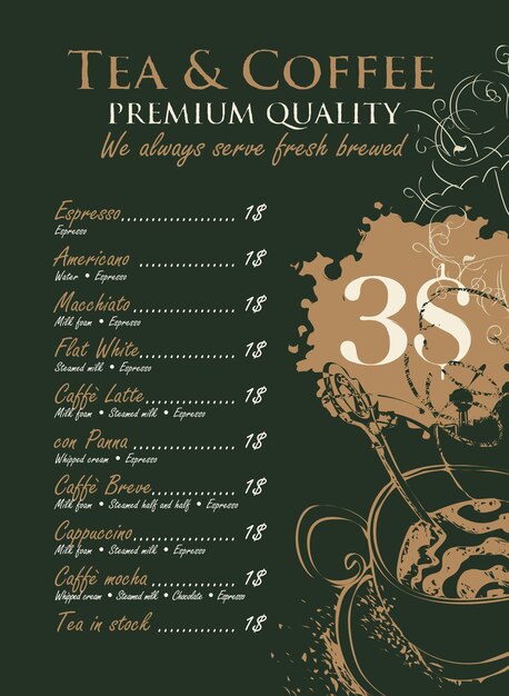 menú de lista de precios para cafetería