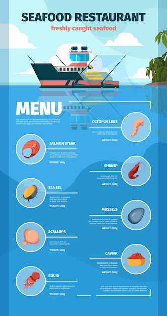 Menú de mariscos delicioso restaurante exótico productos marinos peces langosta ostra cangrejo llamativas plantillas de diseño con lugar para texto