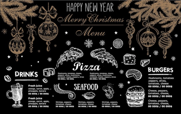 Menú de Navidad y Año Nuevo cafetería Diseño de plantillas Ilustraciones dibujadas a mano Vector