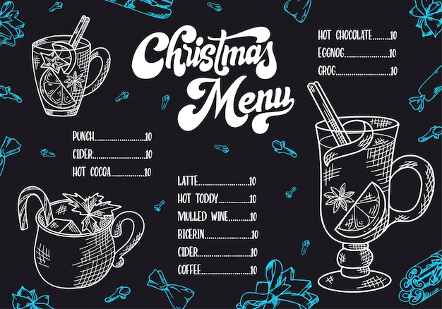 Menú de Navidad con bebidas calientes dibujadas a mano.