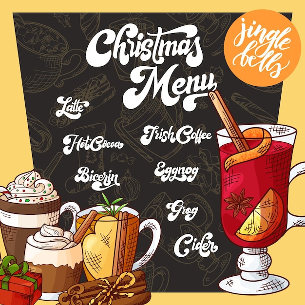 Menú navideño con bebidas calientes dibujadas a mano. Boceto de decoración para su diseño. Pincel de caligrafía moderna. Ilustración vectorial.