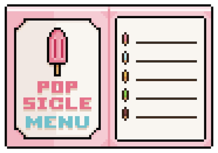 Vector menú de paletas de arte de píxeles, icono de vector de menú de papel abierto para juego de 8 bits sobre fondo blanco