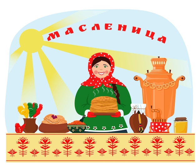 Menú de panqueques festivos de Maslenitsa Una mesa con panqueques miel caviar rojo dulces y un samovar.