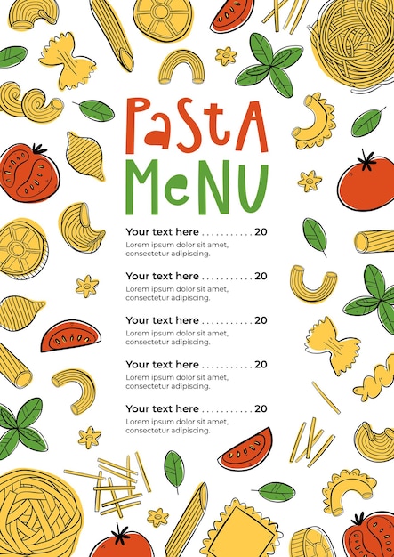 Vector menú de pasta dibujado a mano se puede utilizar para menú, cafetería, restaurante, festival callejero o mercado de agricultores
