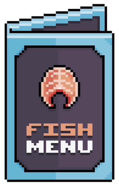 Vector menú de pescado de arte de píxeles, icono de vector de menú de papel para juego de 8 bits sobre fondo blanco