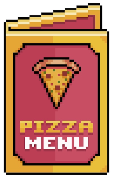 Menú de pizza de arte de píxeles, icono de vector de menú de papel para juego de 8 bits sobre fondo blanco