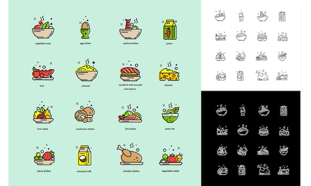 Menú de platos de comida de 16 iconos lineales