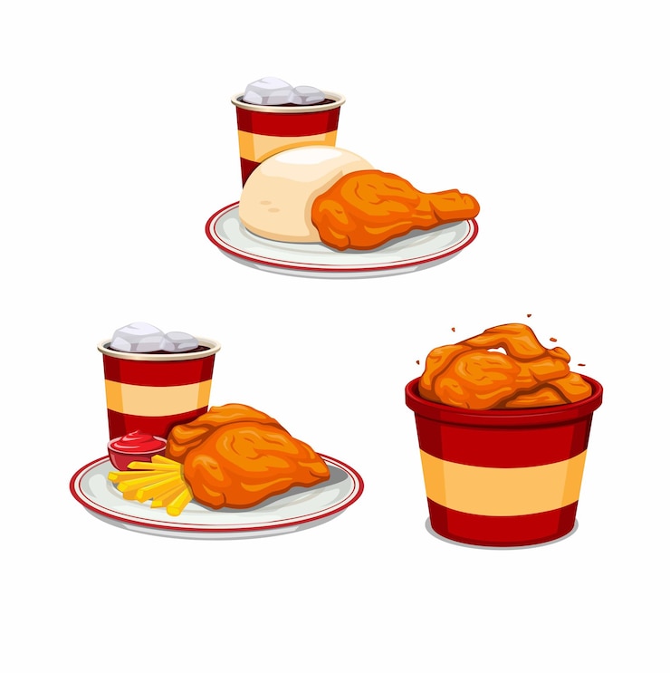 Vector menú de pollo frito con soda de papas fritas y en el símbolo del cubo para el concepto de conjunto de restaurante de comida rápida en la ilustración de dibujos animados