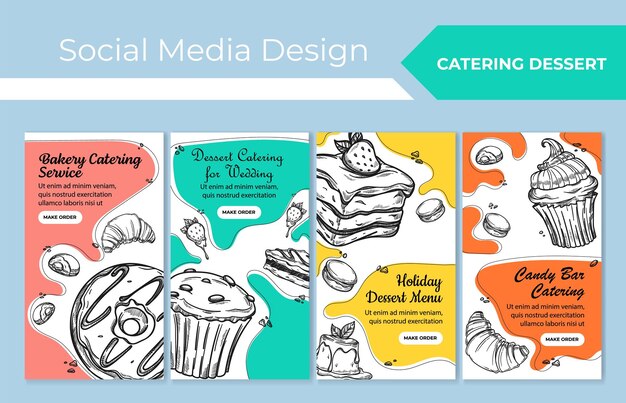 Vector menú de postres para el conjunto de diseño de historias de publicaciones de catering.