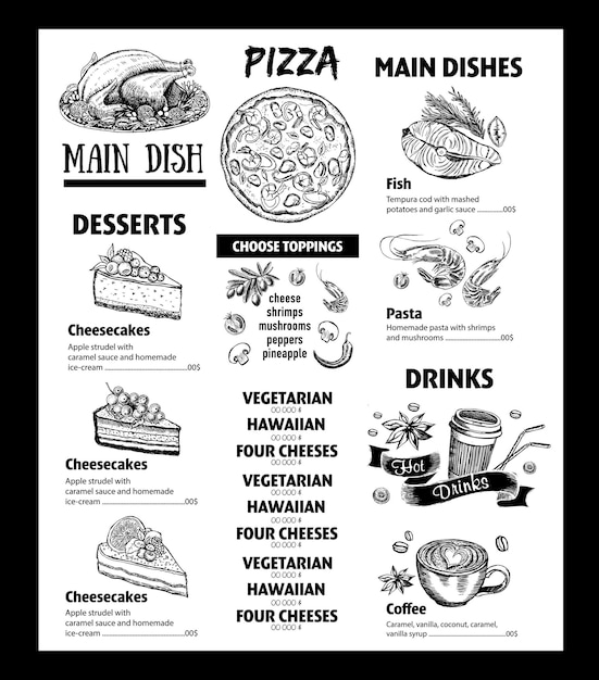 Menú con postres de pizza platos principales y bebidas