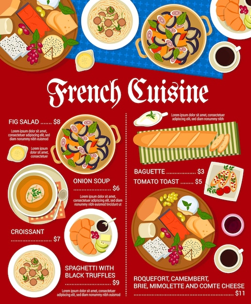 Menú de restaurante de cocina francesa queso y pan