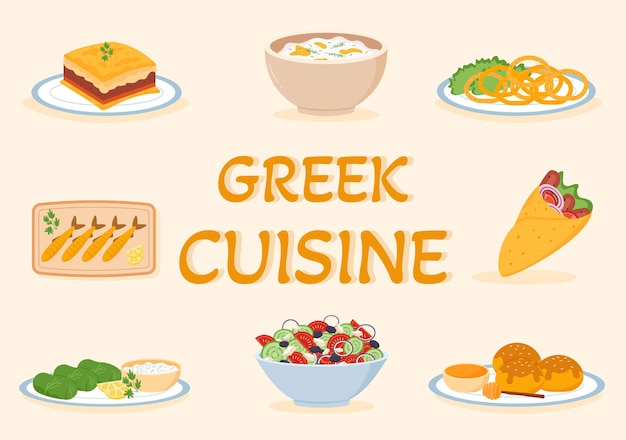 Menú del restaurante de cocina griega Platos deliciosos Comida tradicional o nacional en ilustración plana
