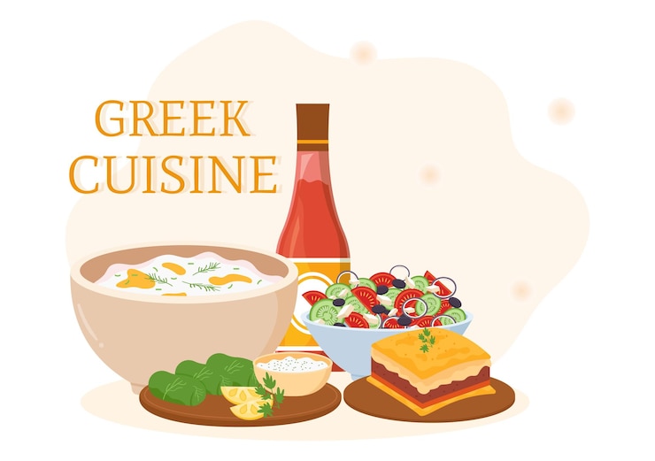 Vector menú del restaurante de cocina griega platos deliciosos comida tradicional o nacional en ilustración plana