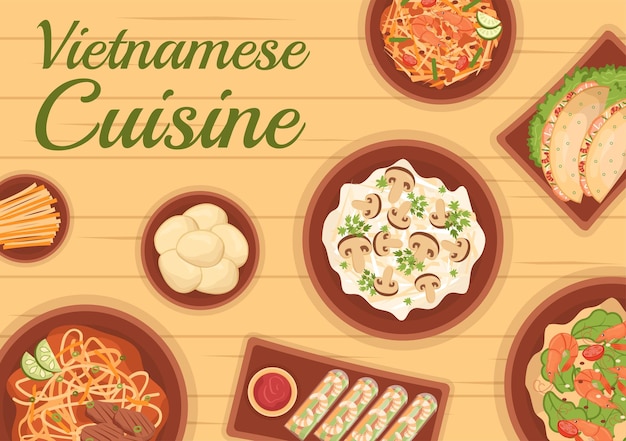 Menú del restaurante de comida vietnamita con una colección de varios platos deliciosos en la ilustración