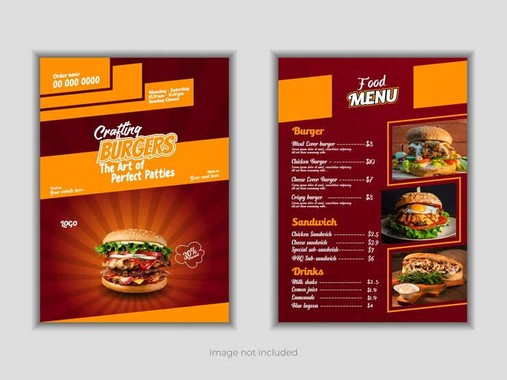 un menú para un restaurante de hamburguesas con el menú abierto a la parte superior