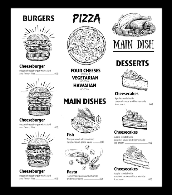 Menú de restaurante Hamburguesas Pizza Platos principales y postres
