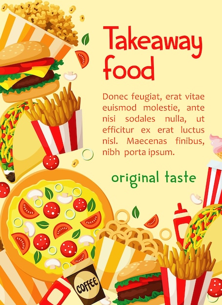 Menú de restaurante para llevar de cartel de vector de comida rápida