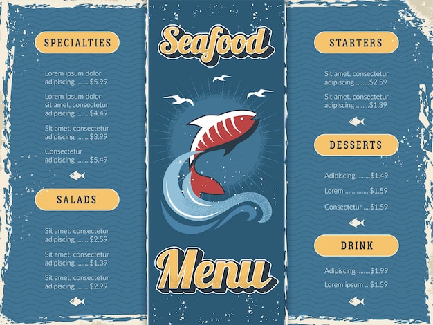 Menú de restaurante de mariscos Plantillas de impresión con imágenes estilizadas de la vida submarina con peces y olas diseño corporativo ilustración vectorial reciente con lugar para texto