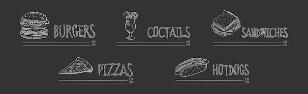 Menú de restaurante con plato dibujado con tiza y conjunto vectorial de comidas
