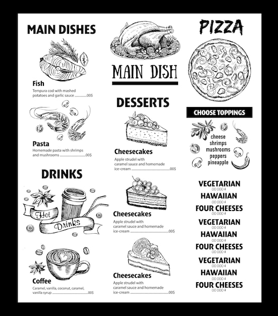 Menú de restaurante con platos y opciones de pizza